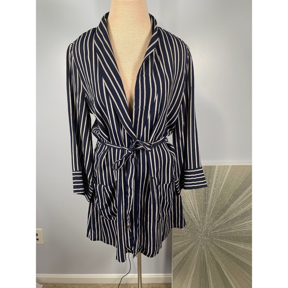 Reformation Dresses & Skirts - Reformation Blue and White Striped Lightweight Blazer Robe Wrap Mini Dress Sz M